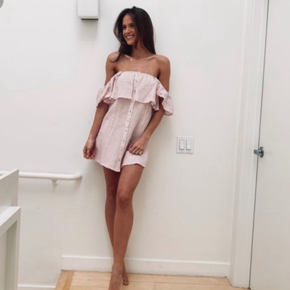 Privacy Please pink linen off shoulder dress